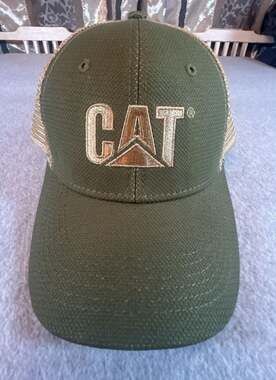 Caterpillar CAT Trademark Olive Green and Tan Mesh Trucker Hat